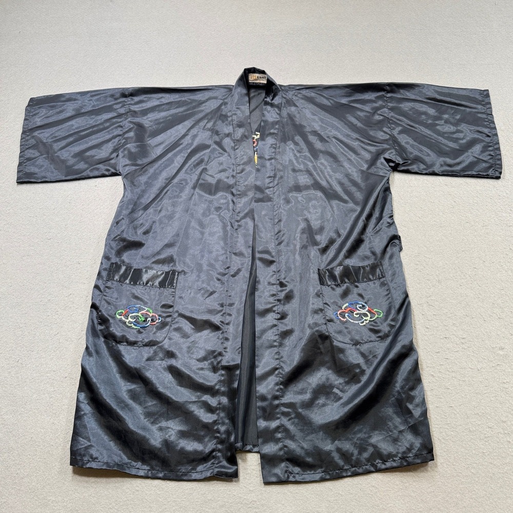Vintage Esme Kimono Robe Men's XL Black Embroidered Kimono Chinese Dragon Satin